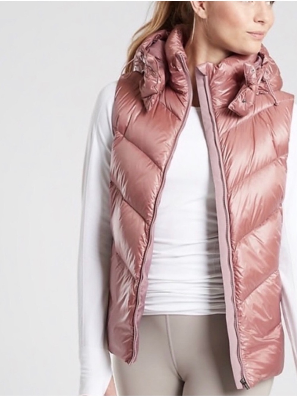 Athleta Lofty Goose Down Hooded Vest Womens Medium Dogwood Mauve